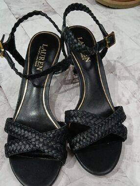 Lauren Ralph Lauren Black Braided Slingback Heels with Gold Hardware Size 9B
